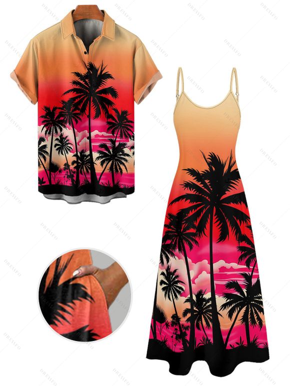 Vacation Couple Outfit for Beach Ombre Coconut Tree Print Pocket Long Dress and Shirt Set - Orange S | US 4