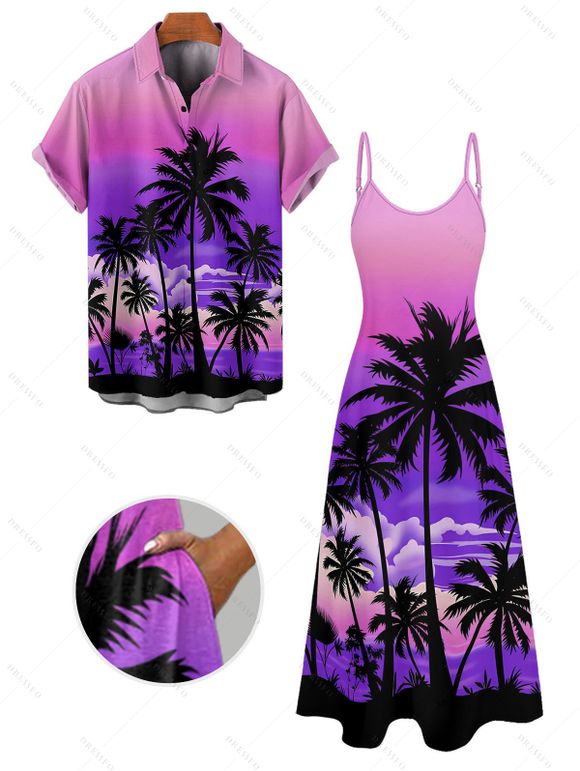Vacation Couple Outfit for Beach Ombre Coconut Tree Print Pocket Long Dress and Shirt Set - Pourpre S | US 4