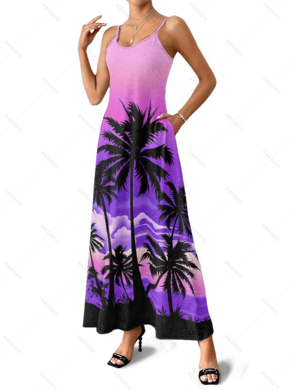 Vacation Couple Outfit for Beach Ombre Coconut Tree Print Pocket Long Dress and Shirt Set - Pourpre S | US 4