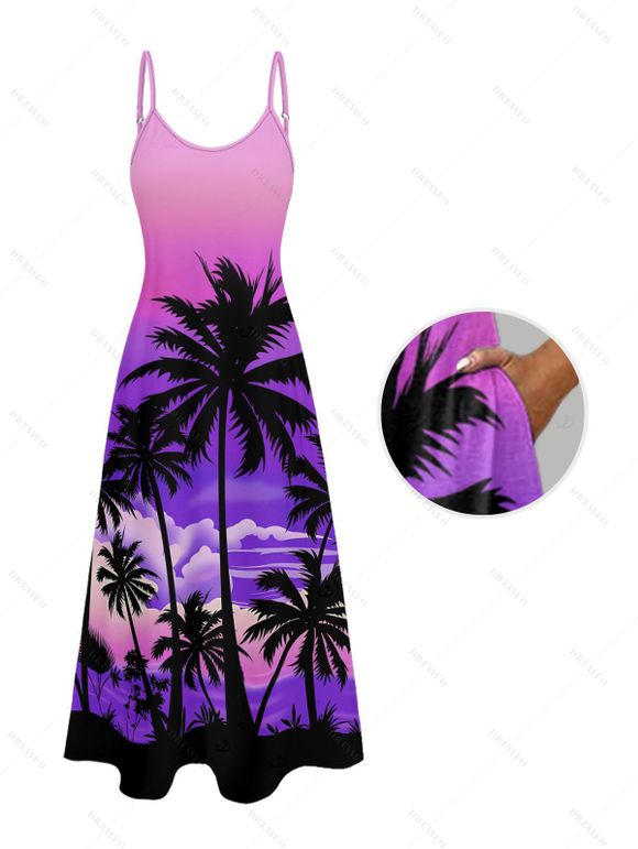 Vacation Couple Outfit for Beach Ombre Coconut Tree Print Pocket Long Dress and Shirt Set - Pourpre S | US 4