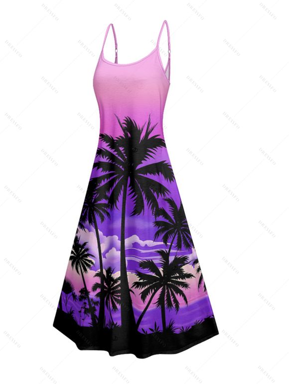 Vacation Couple Outfit for Beach Ombre Coconut Tree Print Pocket Long Dress and Shirt Set - Pourpre S | US 4