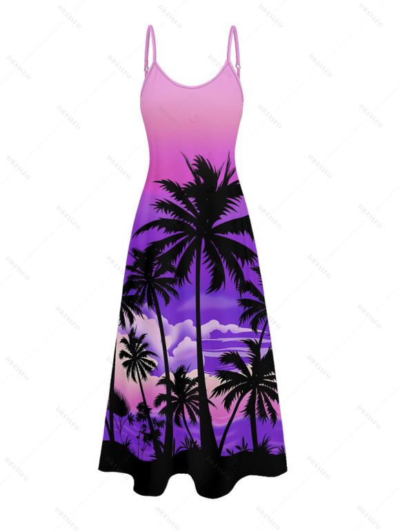 Vacation Couple Outfit for Beach Ombre Coconut Tree Print Pocket Long Dress and Shirt Set - Pourpre S | US 4