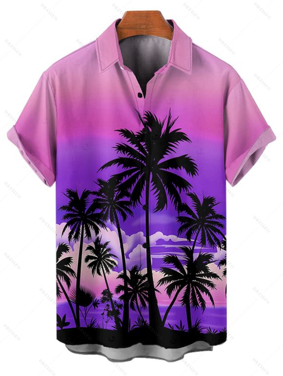 Vacation Couple Outfit for Beach Ombre Coconut Tree Print Pocket Long Dress and Shirt Set - Pourpre S | US 4