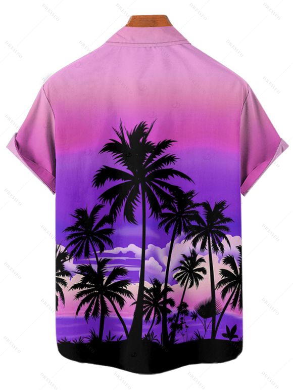 Vacation Couple Outfit for Beach Ombre Coconut Tree Print Pocket Long Dress and Shirt Set - Pourpre S | US 4