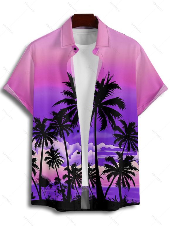 Vacation Couple Outfit for Beach Ombre Coconut Tree Print Pocket Long Dress and Shirt Set - Pourpre S | US 4