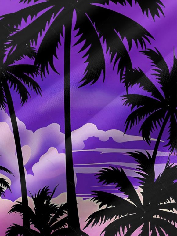 Vacation Couple Outfit for Beach Ombre Coconut Tree Print Pocket Long Dress and Shirt Set - Pourpre S | US 4