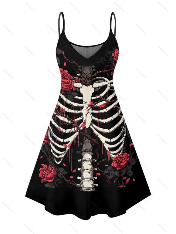 Robe gothique à imprimé tête de mort et roses, mini-robe à bretelles spaghetti pour Halloween - Noir S | US 4