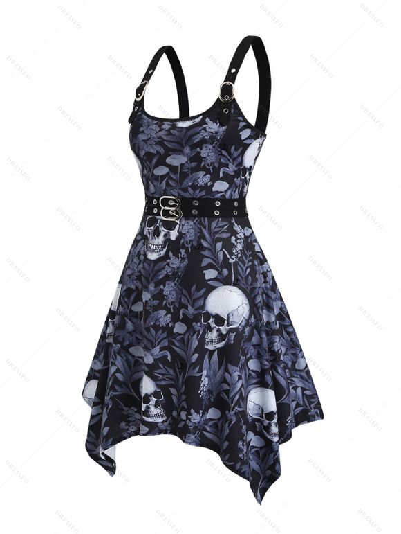 Robe gothique pour Halloween, robe mi-longue à imprimé feuilles et têtes de mort, bretelles à boucle - Noir S | US 4