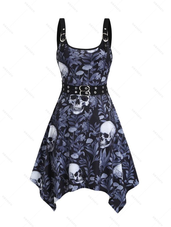 Robe gothique pour Halloween, robe mi-longue à imprimé feuilles et têtes de mort et bretelles à boucle - Noir XXL | US 14