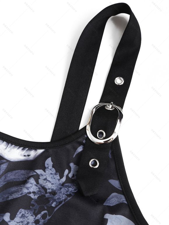 Robe gothique pour Halloween, robe mi-longue à imprimé feuilles et têtes de mort et bretelles à boucle - Noir XXL | US 14