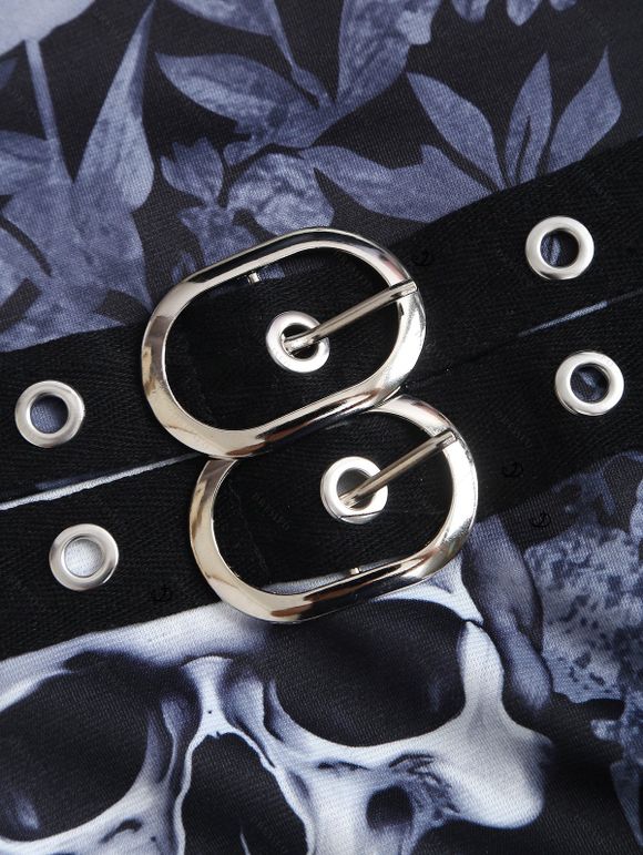 Robe gothique pour Halloween, robe mi-longue à imprimé feuilles et têtes de mort et bretelles à boucle - Noir XXL | US 14