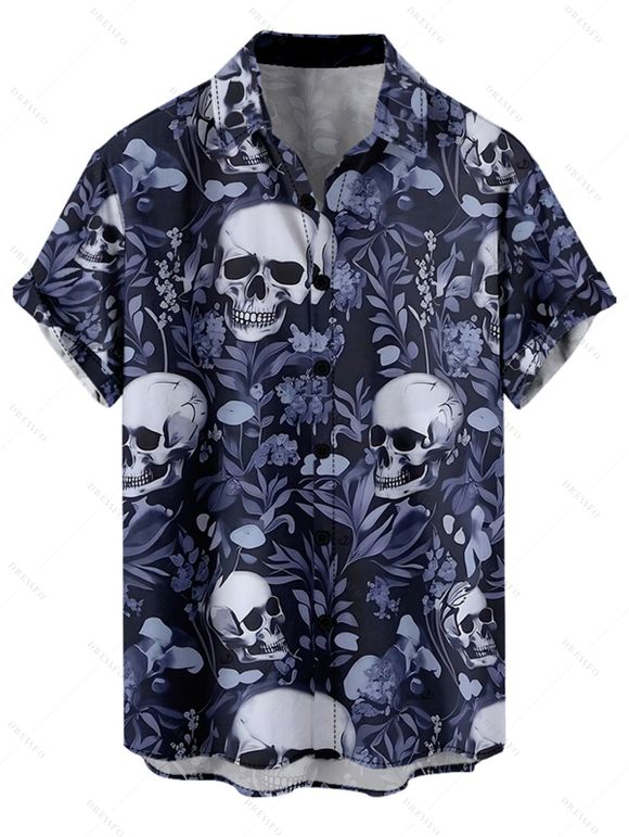 Chemise boutonnée gothique pour homme, motif tête de mort et feuilles, pour Halloween - Noir M
