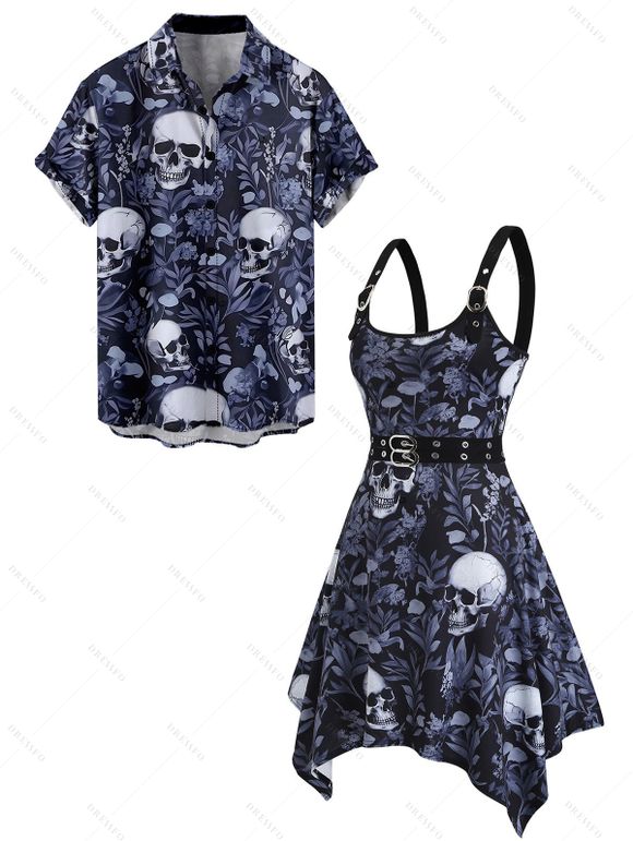 Gothic Couple Outfit Skulls Leaf Print Buckle Asymmetrical Midi Dress and Shirt Set for Halloween - Noir S | US 4