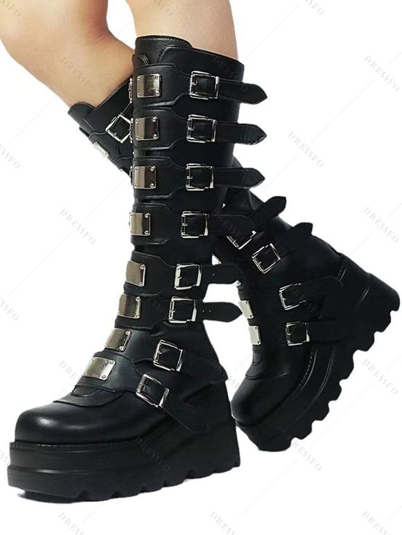 Buckle Strap Back Zipper Thick Platform Punk Style Knee-high Boots - Noir EU 36