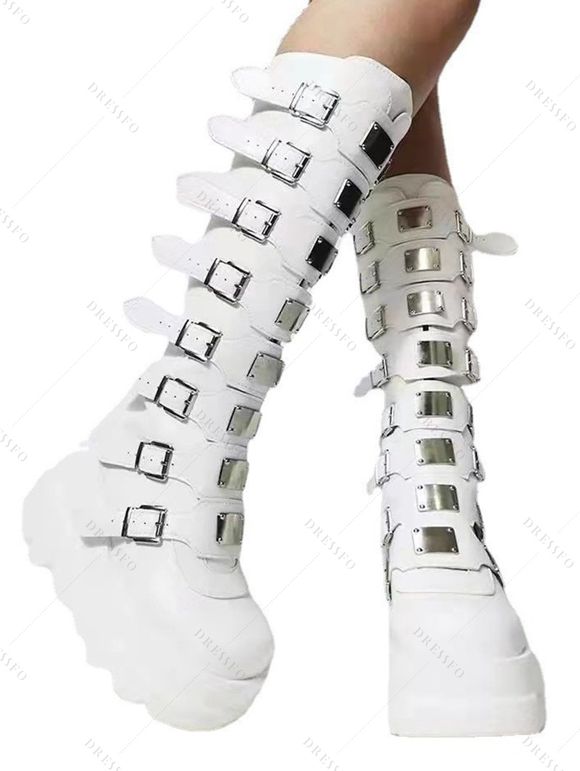 Buckle Strap Back Zipper Thick Platform Punk Style Knee-high Boots - Blanc EU 43