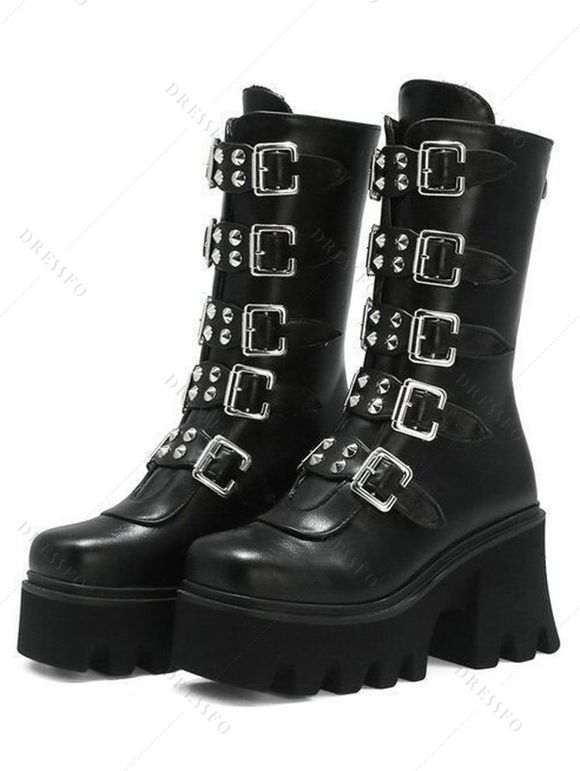 Solid Color Buckle Strap Back Zipper Thick Platform Punk Style Boots - Noir EU 42