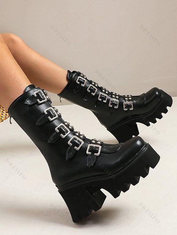 Solid Color Buckle Strap Back Zipper Thick Platform Punk Style Boots - Noir EU 37