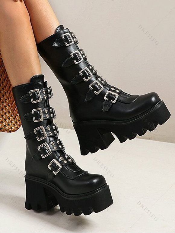 Solid Color Buckle Strap Back Zipper Thick Platform Punk Style Boots - Noir EU 37