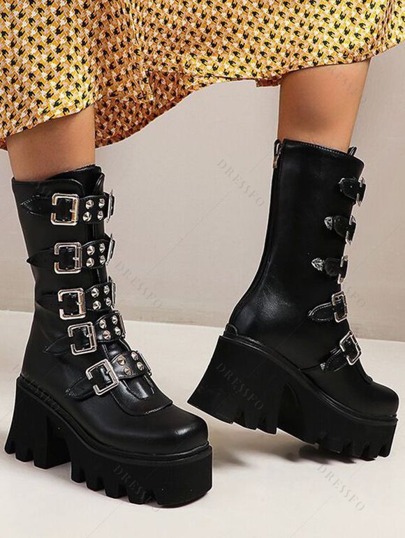 Solid Color Buckle Strap Back Zipper Thick Platform Punk Style Boots - Noir EU 37