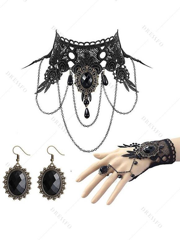 Accessoires de style vintage en dentelle avec pierres précieuses artificielles, bracelet ras du cou avec bague et boucles d'oreilles, ensemble gothique - Noir 