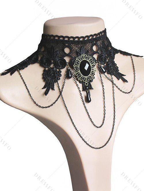 Accessoires de style vintage en dentelle avec pierres précieuses artificielles, bracelet ras du cou avec bague et boucles d'oreilles, ensemble gothique - Noir 
