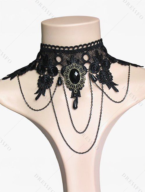 Accessoires de style vintage en dentelle avec pierres précieuses artificielles, bracelet ras du cou avec bague et boucles d'oreilles, ensemble gothique - Noir 