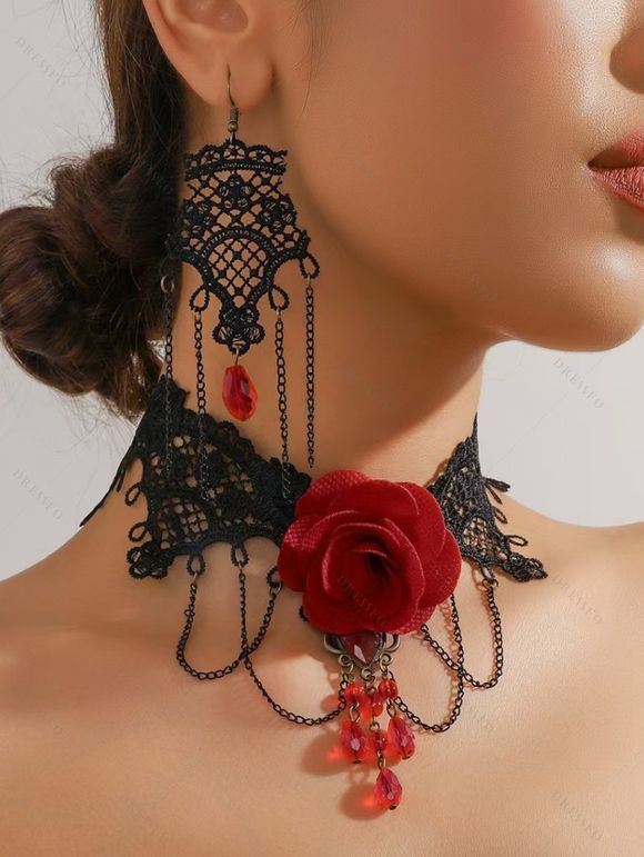 Accessoires gothiques pour Halloween Ensemble ras du cou en dentelle avec chaîne en rose et boucles d'oreilles à pompons - Noir 