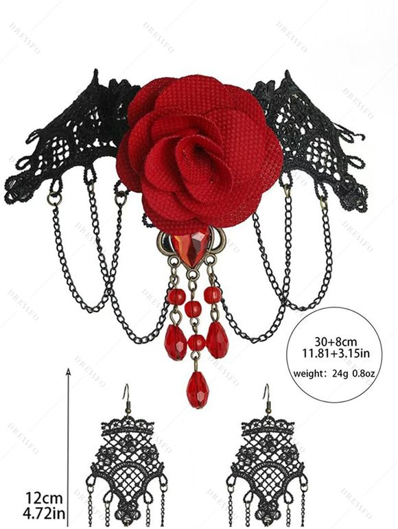 Accessoires gothiques pour Halloween Ensemble ras du cou en dentelle avec chaîne en rose et boucles d'oreilles à pompons - Noir 
