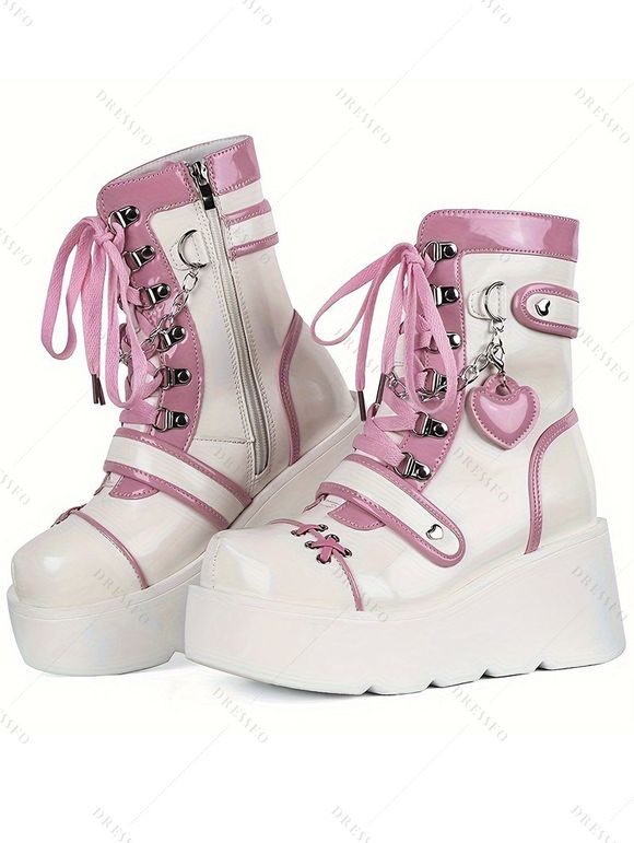 Colorblock Heart Chain Embellishment Lace Up Side Zipper Thick Platform Punk Style Boots - Rose clair EU 35