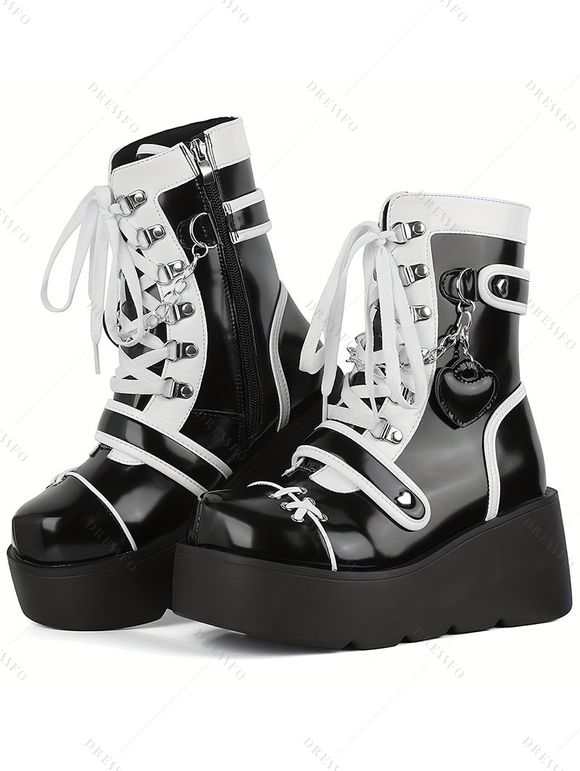 Colorblock Heart Chain Embellishment Lace Up Side Zipper Thick Platform Punk Style Boots - Noir EU 35