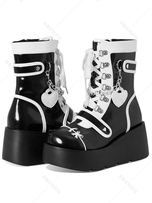 Colorblock Heart Chain Embellishment Lace Up Side Zipper Thick Platform Punk Style Boots - Noir EU 42