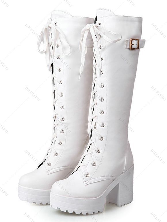 Solid Color Buckle Strap Lace Up Thick Platform Vintage Knee-high Boots - Blanc EU 42