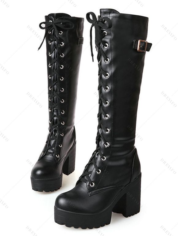 Solid Color Buckle Strap Lace Up Thick Platform Vintage Knee-high Boots - Noir EU 42