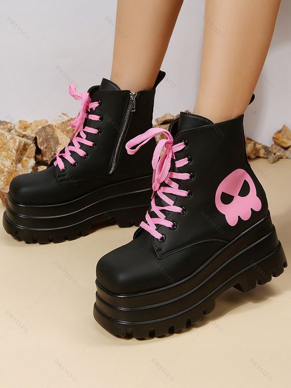 Ghost Pattern Square Toe Lace Up Side Zipper Thick Platform Gothic Martin Boots - Noir EU 43