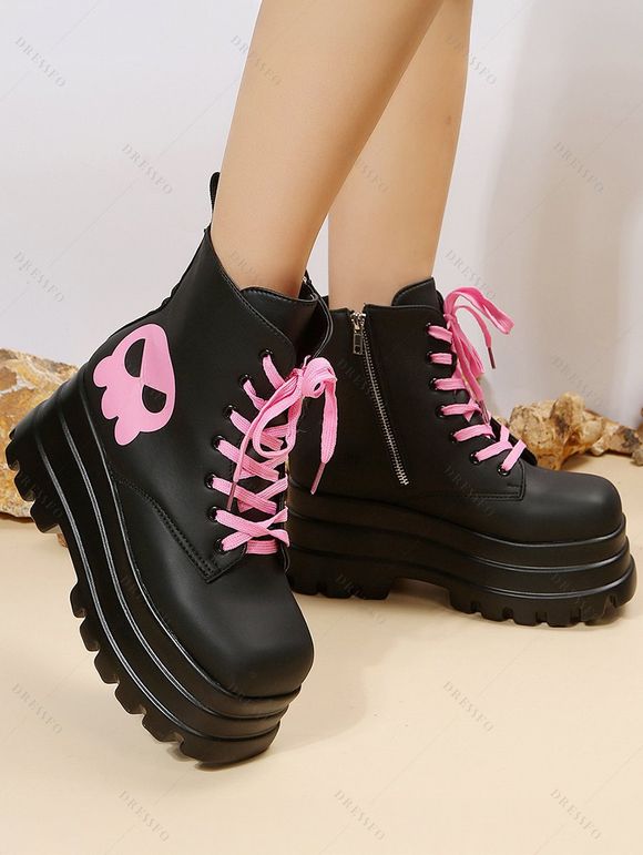 Ghost Pattern Square Toe Lace Up Side Zipper Thick Platform Gothic Martin Boots - Noir EU 43