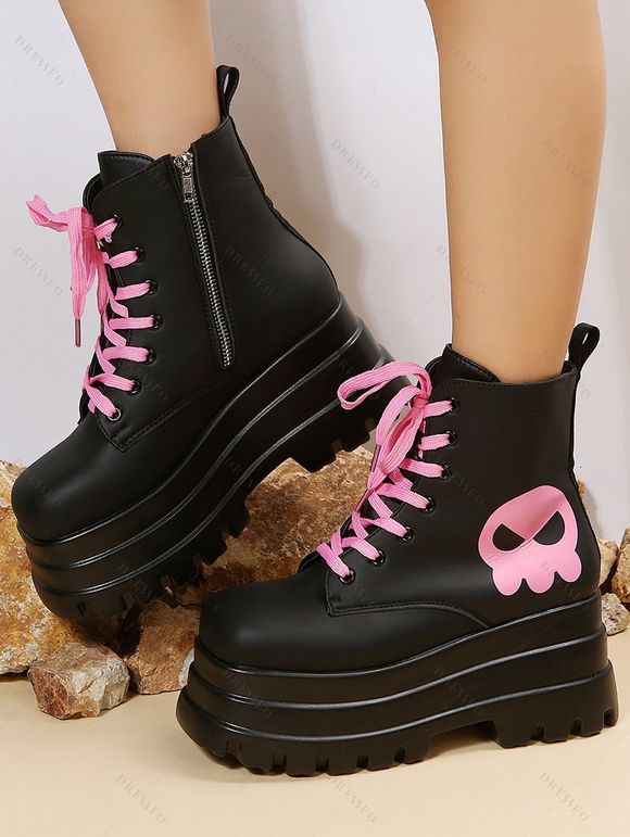 Ghost Pattern Square Toe Lace Up Side Zipper Thick Platform Gothic Martin Boots - Noir EU 43