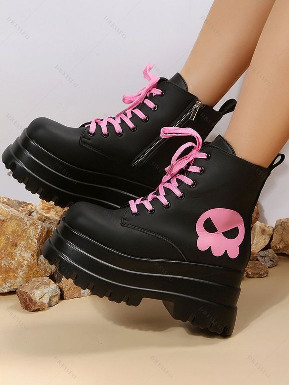 Ghost Pattern Square Toe Lace Up Side Zipper Thick Platform Gothic Martin Boots - Noir EU 43