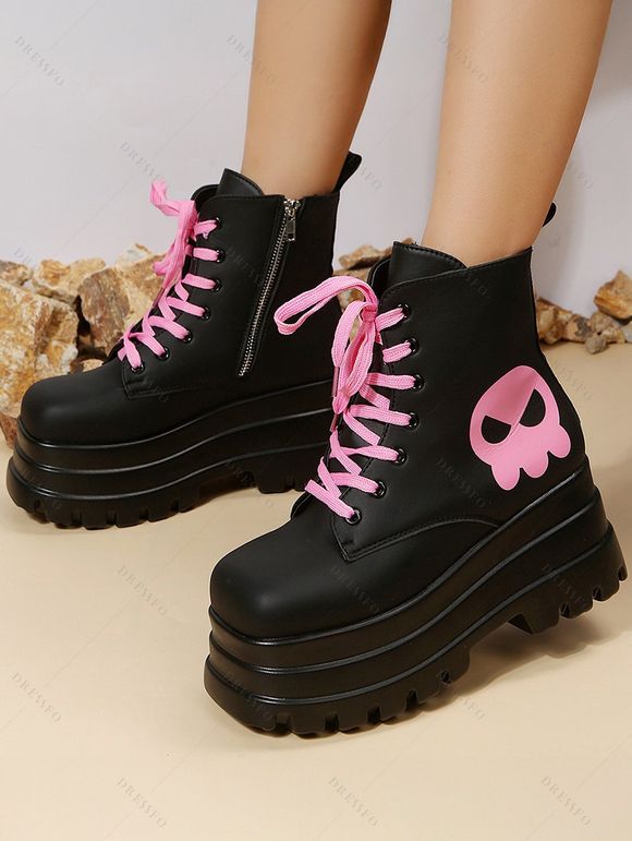 Ghost Pattern Square Toe Lace Up Side Zipper Thick Platform Gothic Martin Boots - Noir EU 43