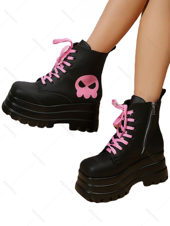 Ghost Pattern Square Toe Lace Up Side Zipper Thick Platform Gothic Martin Boots - Noir EU 43