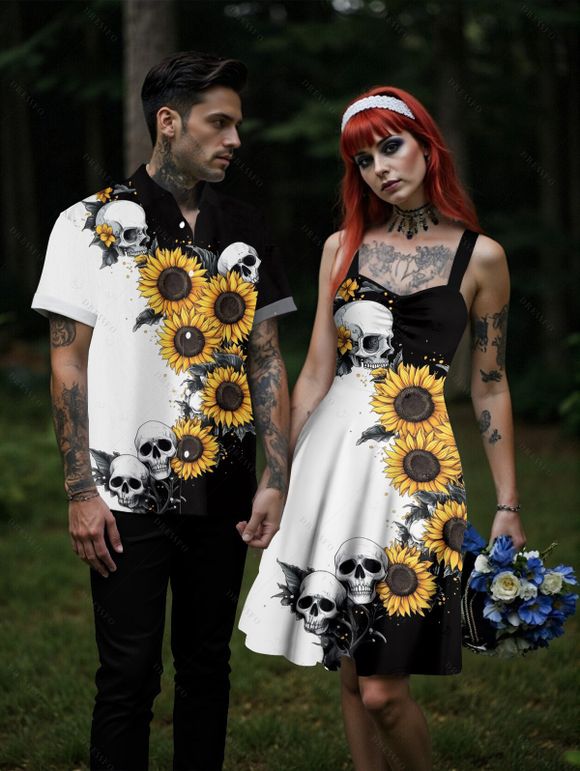 Gothic Couple Outfit Contrast Color Sunflower Skulls Pattern Ruched Bust Sweetheart Neck A Line Mini Dress and Button Up Shirt Holiday Matching Outfit - Noir S | US 4