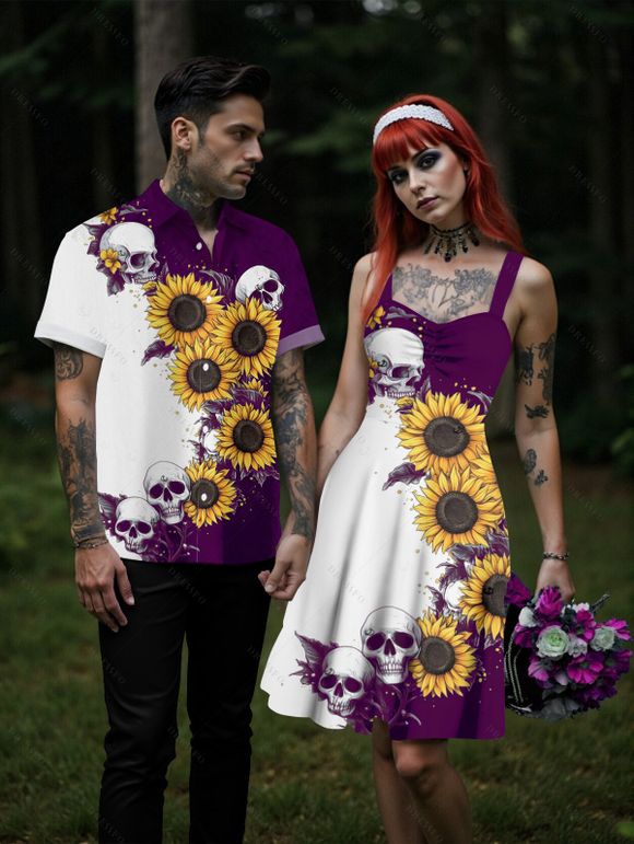 Gothic Couple Outfit Contrast Color Sunflower Skulls Pattern Ruched Bust Sweetheart Neck A Line Mini Dress and Button Up Shirt Holiday Matching Outfit - Concorde S | US 4