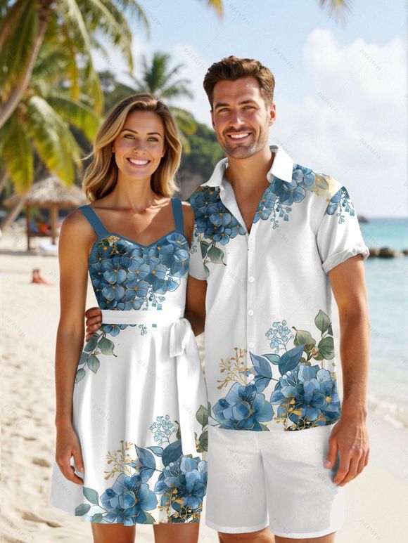 Vacation Couple Outfit Asymmetrical Floral Leaf Pattern Ruched Bust Belt Sweetheart Neck A Line Mini Dress and Button Up Shirt Casual Matching Outfit - Bleu gris S | US 4