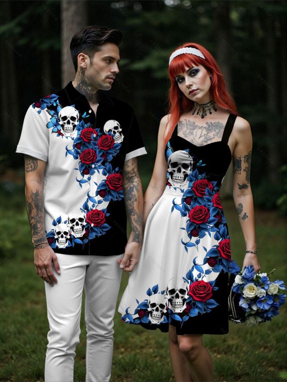 Gothic Couple Outfit Monochrome Flower Leaf Skulls Pattern Ruched Bust Sweetheart Neck Dress and Button Up Shirt Holiday Matching Outfit - Noir S | US 4