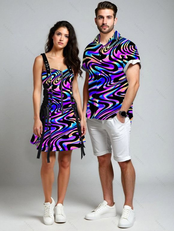 Music Festival Couple Outfit Colorful Textured Graphic Print Lace Up Half Zipper A Line Dress and Men's Roll Up Sleeve Shirt Two Piece Set - multicolor S | US 4