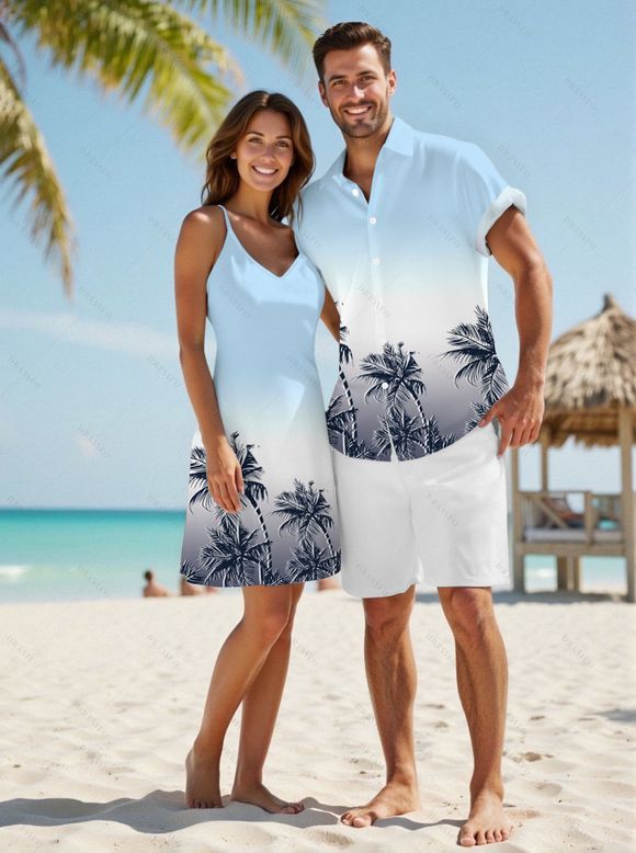 Vacation Couple Outfit Ombre Coconut Tree Pattern Spaghetti Strap V Neck A Line Mini Tank Dress and Button Up Shirt Beach Matching Outfit - Bleu clair S | US 4