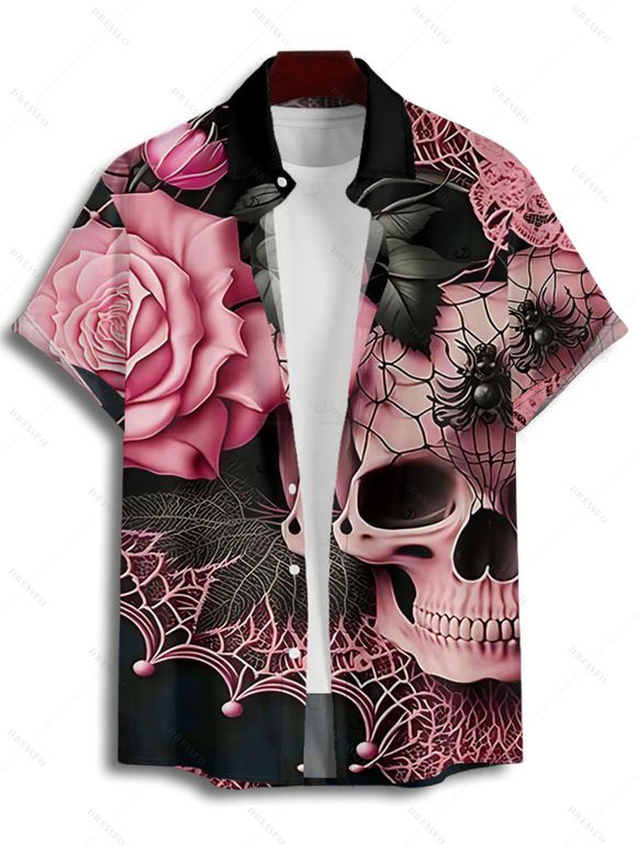 Chemise gothique à manches courtes et boutons pour homme, motif tête de mort, toile d'araignée, rose et feuilles, style vacances - Rose clair 4XL