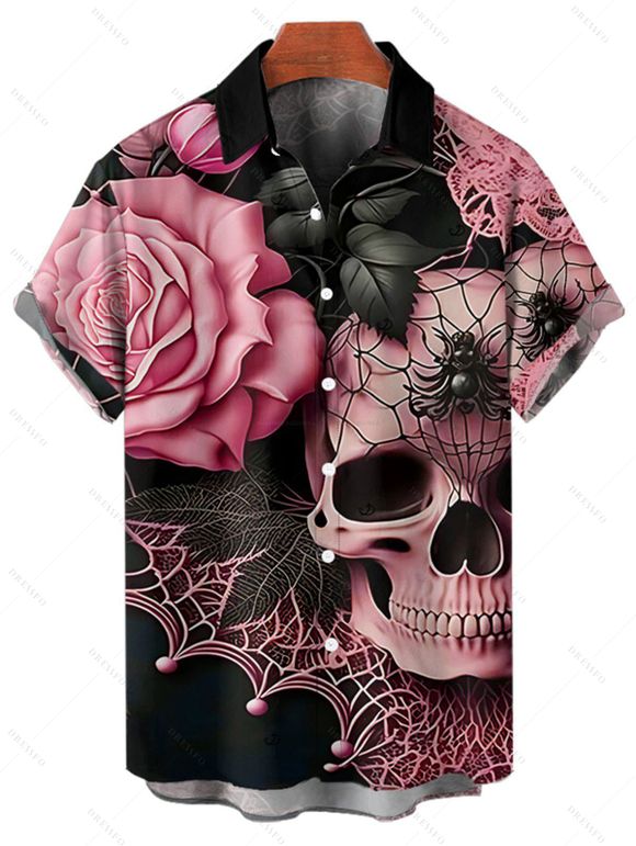 Men's Skulls Spider Web Rose Leaf Pattern Gothic Shirt Button Up Roll Up Short Sleeve Holiday Shirt - LIGHT PINK 5XL