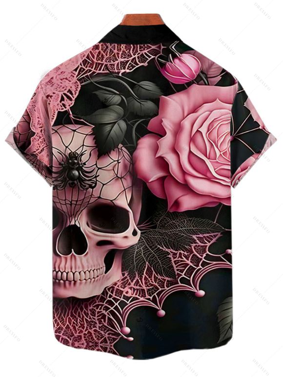 Chemise gothique à manches courtes et boutons pour homme, motif tête de mort, toile d'araignée, rose et feuilles, style vacances - Rose clair 4XL