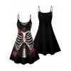 Robe gothique à imprimé tête de mort et roses, mini-robe à bretelles spaghetti pour Halloween - Noir S | US 4