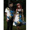 Gothic Couple Outfit Skulls Butterfly Print Monochrome Ruched Bust Dress and Button Up Shirt Holiday Matching Outfit - Bleu S | US 4
